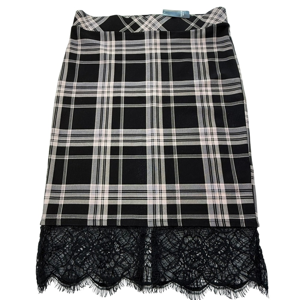 Torrid Ponte Knit Plaid Pencil Midi Skirt Lace Trim Black Pink Womens 10